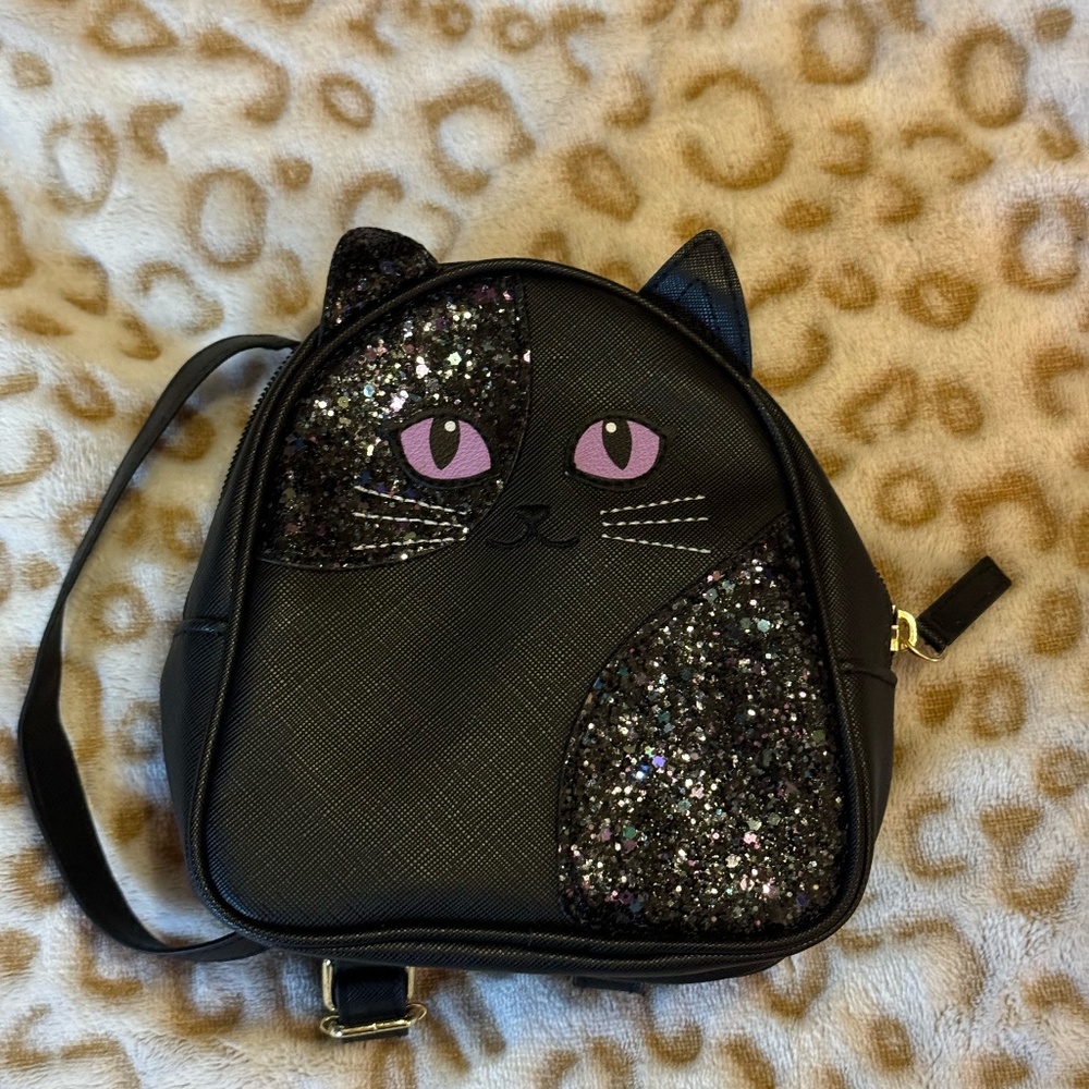 Bath & Body Works Halloween Black Cat Mini Backpack/Cosmetic Bag Black Glitter